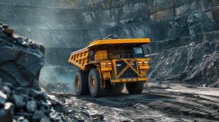 open pit mining with a realistic photograph featuring a large yellow mining dump truck extracting anthracite coal, showcasing the scale and machinery involved in the mining industry. - obrazy, fototapety, plakaty