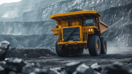 open pit mining with a realistic photograph featuring a large yellow mining dump truck extracting anthracite coal, showcasing the scale and machinery involved in the mining industry. - obrazy, fototapety, plakaty