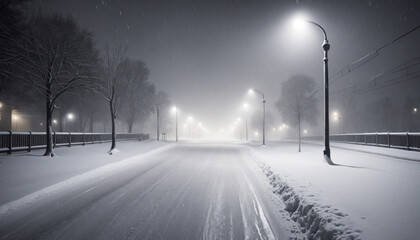 Dark Lighted Road In The Snow In Winter. Black And White Art. Serene And Strange Atmosphere. Press Photo Concept