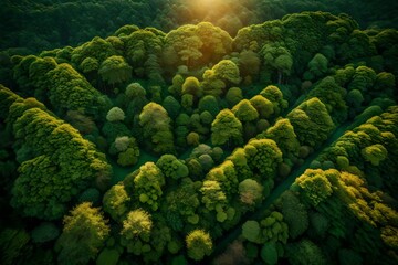 A high vantage point reveals the grandeur of a green forest, the foliage of trees and shrubs intricately laid out like a living tapestry in the countryside