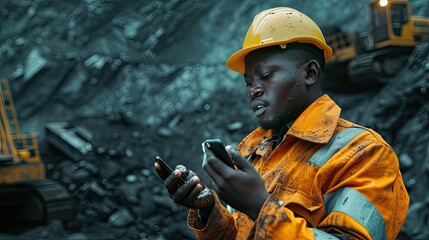 Fototapeta premium a young African mine worker in protective gear while holding a cell phone, with coal mine equipment in the background, the modern technology and safety measures integrated into mining operations.