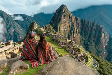 Two adventurers find peace and perspective as they sit atop a rocky precipice, gazing at the majestic mountain before them while the vast open sky and rolling clouds serve as a backdrop for their jou