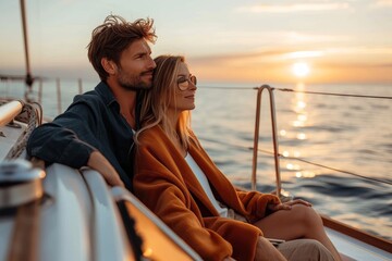 Fototapeta premium As the sun sets over the peaceful beach, a man and woman sit on the deck of their boat, their clothing gently blowing in the wind as they sail towards the horizon