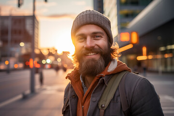 Portrait of young traveler man with beard and hat smiling at the camera with modern city and sunset in background. Cheerful male trendy clothes in outdoor leisure activity. Road and street defocused - obrazy, fototapety, plakaty