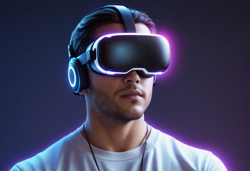 Adorable man in vr glasses on neon background. Virtual reality. Cyberpunk concept design. Generative AI