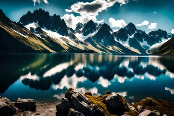 Papier Peint photo autocollant Tatras The High Tatra National Park's mountain lake in a moment of dramatic beauty, the rugged peaks providing a stark backdrop to the lake's calm surface