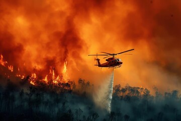 A rotorcraft soars through the sky, its helicopter rotor beating against the heat as it drops water onto the raging wildfire below, fighting against the natural disaster and pollution while brave fir - obrazy, fototapety, plakaty