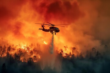 Amidst the raging flames, a helicopter's rotorcraft creates a cloud of hope, dousing the forest fire with water as the smoke dissipates into the vast sky - obrazy, fototapety, plakaty