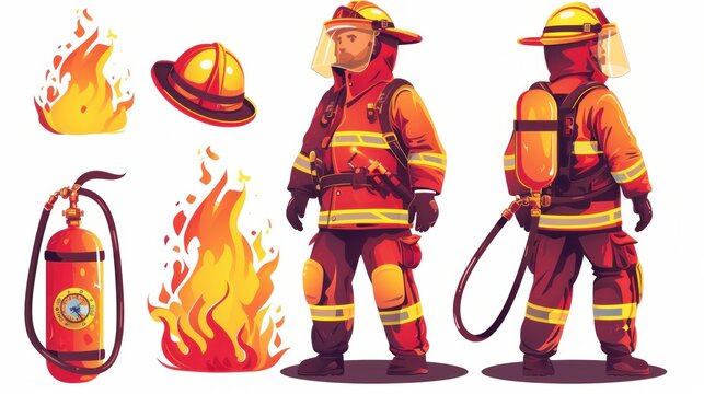 Firefighter in Fireman Suit with Full Equipment and Accessories to Extinguishing Fire Burn in Vector Cartoon Style on White Background