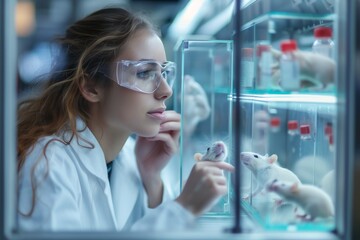 A curious scientist in a pristine lab coat gazes intently through her goggles at the tiny rats in the glass case, her reflection appearing in the transparent material as she studies the intricate wor - obrazy, fototapety, plakaty