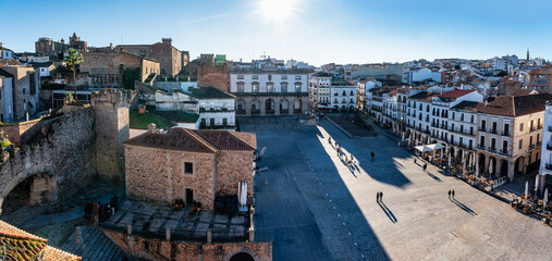 Panoramic view of the Plaza Mayor of Caceres with an aerial view at sunset, Spain