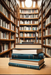 Stack of books on table against library background with bookshelves. Knowledge and education concept