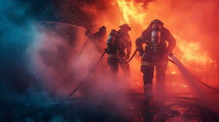 Firefighters extinguish a fire. Lifeguards with fire hoses in smoke and fire