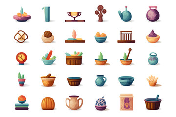 A set of icons for a handicrafts store, home decor and comfort, tableware
