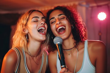 Two women radiate joy as they stand on stage, belting out powerful notes into a microphone while...