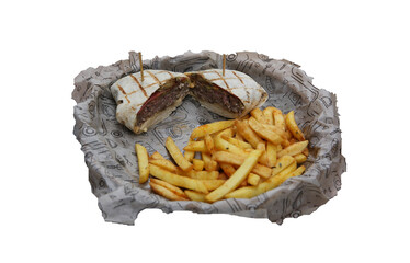 Closed pita burger and fries on white background