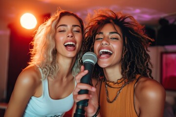 Two women clad in stylish clothing stand confidently against a brick wall, their beaming smiles and flowing hair complementing their powerful voices as they sing into a microphone with passion and gr