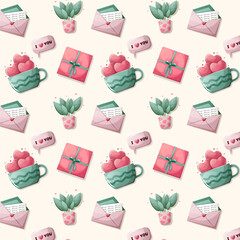 Seamless pattern Valentine's Day. Vector illustrations with texture and gradient. Festive design. Hearts, letters, letter, flowers, cup.	