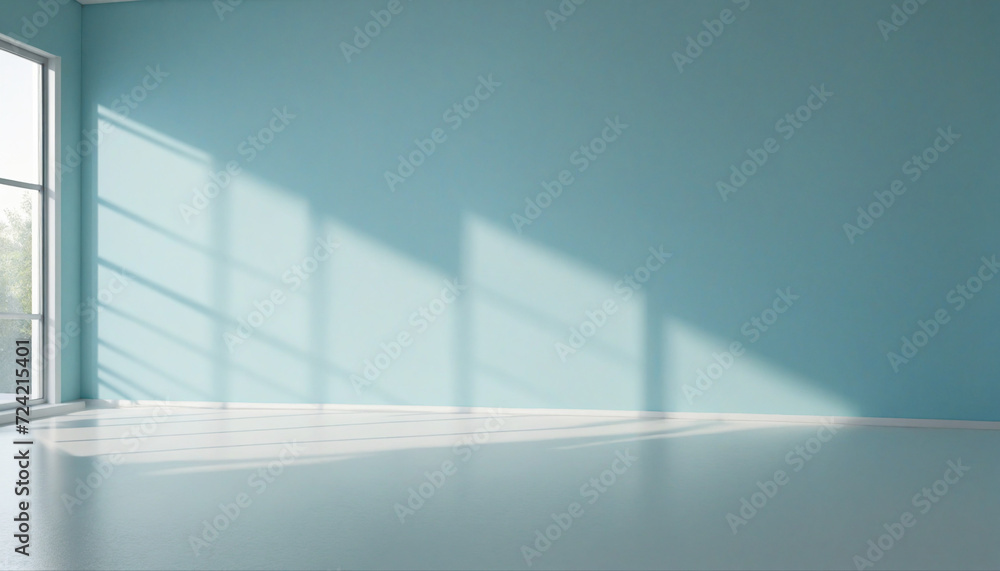 Poster minimalistic abstract light blue background with shadow and light from windows, product presentation