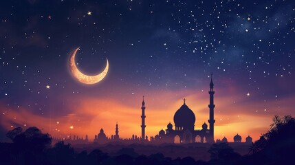 islamic greeting ramadan kareem card design background with crescent moon - obrazy, fototapety, plakaty