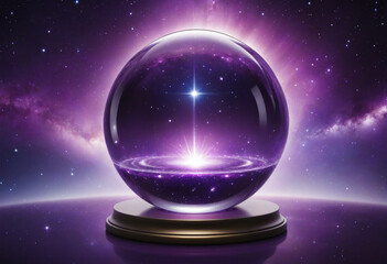 Magic crystal ball for future prediction on beautiful galaxy background in purple colors. Generative AI