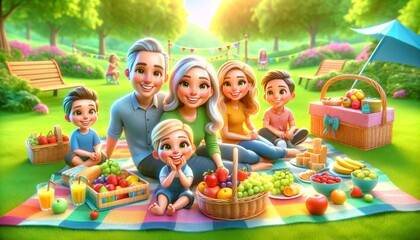 Obraz na płótnie Canvas Colorful 3D render of a happy family having a picnic in a park.
