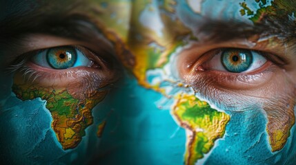 woman with face painted with world map continents and sea in high resolution