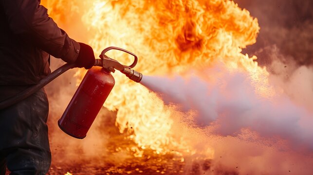 Man using fire extinguisher fighting fire closeup photo
