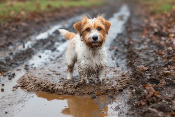 A majestic brown dog revels in the freedom of the great outdoors, splashing happily in a muddy puddle as water droplets glisten on its wet fur