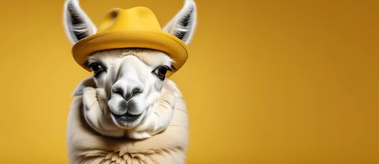 Tuinposter funny llama in a cap, April Fool's Day, on a yellow background, banner, place for text © Mari