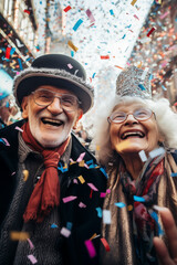 Fototapeta premium The 70 year old couple smiles at the carnival with confetti. Nice retired couple celebrating carnival laughing and enjoying the party.