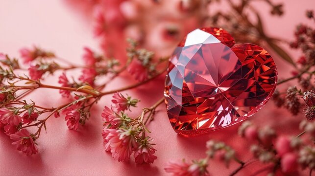 Precious Gemstone in the Shape of a Love Heart with Flowers. Beautiful and Romantic Valentine&rsquo;s Day Background.