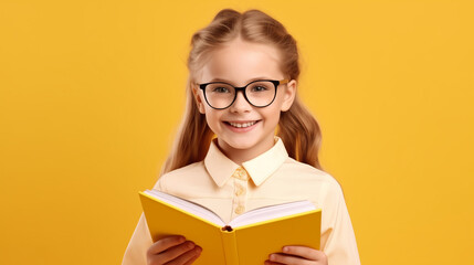 blond school girl in glasses and with book on the yellow background