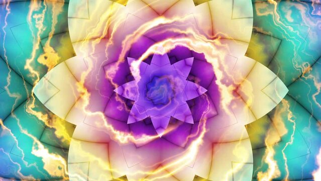 Spinning abstract magic lotus flower. Esoteric sacred mandala with energy fluides. 4k Looping footage. Sacred Sun symbol