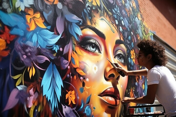 An artist painting a mural on an urban street wall, showcasing the fusion of art and community....