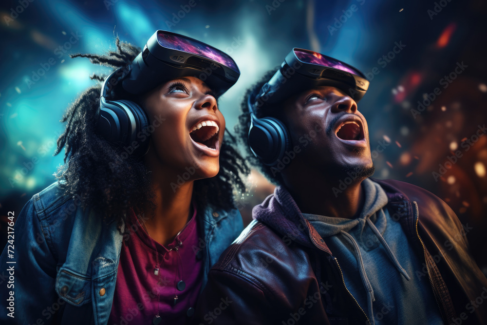 Poster a couple enjoying a virtual reality game, illustrating the intersection of technology and entertainm