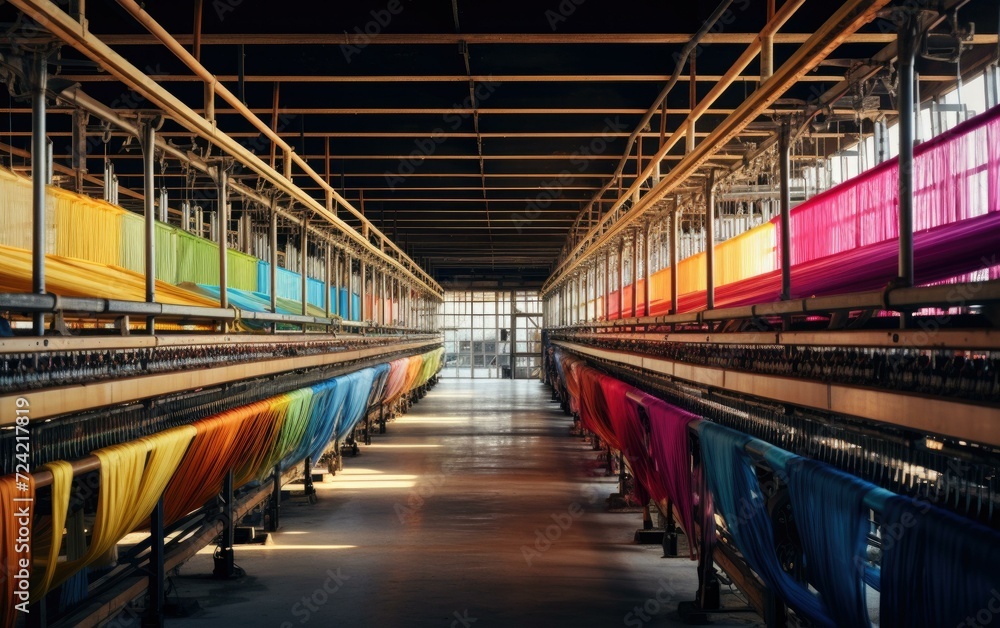 Poster a modern textile factory filled with rows of colorful fabric being woven by automated looms. generat