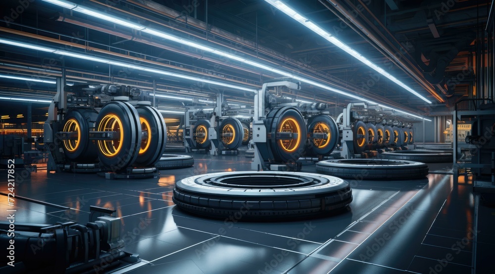 Poster a futuristic tire manufacturing line with automated robots shaping and inspecting rubber tires. gene