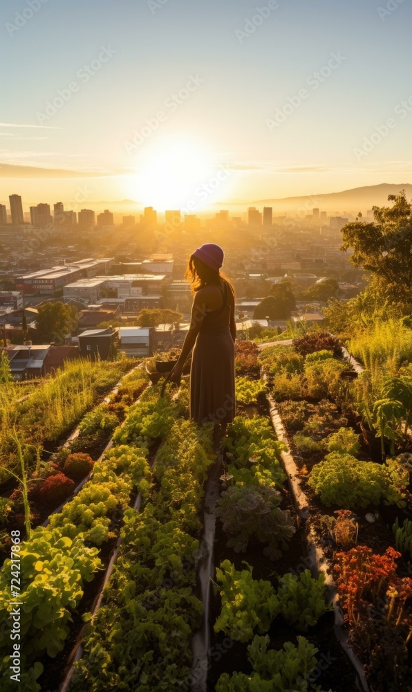 Sticker A woman stands on a rooftop garden, cultivating crops. Innovative urban agriculture showcases the beauty of nature in the city. Generative AI.