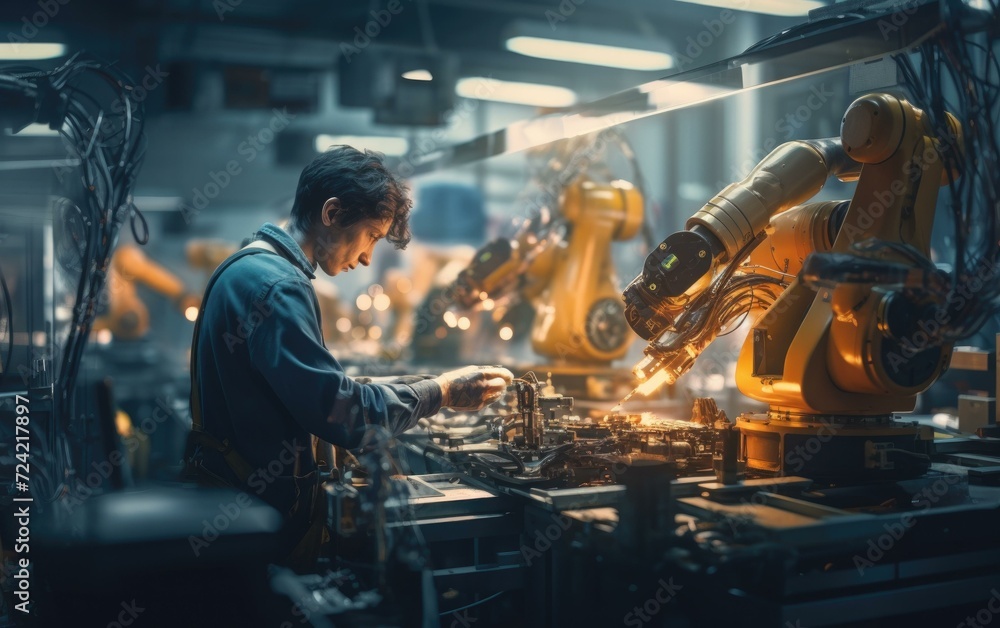 Poster a skilled technician programs and maintains robotic arms, blending human expertise with automation. 