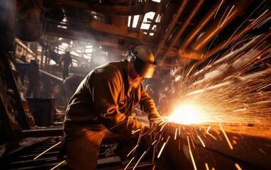 A skilled welder works diligently in a shipyard, creating sparks as they expertly craft a massive hull. Generative AI.