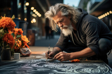 A street artist creating a chalk drawing on a city sidewalk, embodying urban creativity. Concept of street art and urban expression. Generative Ai.