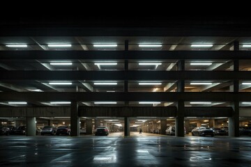 A parking garage at night with cars parked in it. Generative AI.
