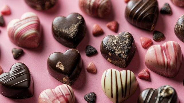Heart Shaped Chocolates on a Pink Surface. Modern Valentine&rsquo;s Day Background.
