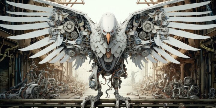 A giant mechanical bird. Generative AI.