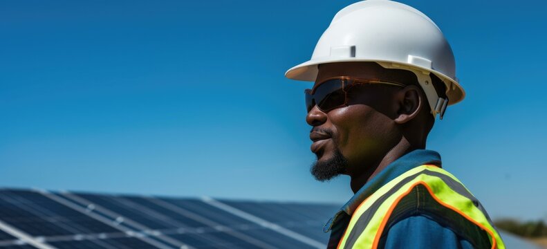 A solar engineer inspects photovoltaic panels, highlighting the importance of renewable energy and engineers in building a sustainable future. Generative AI.