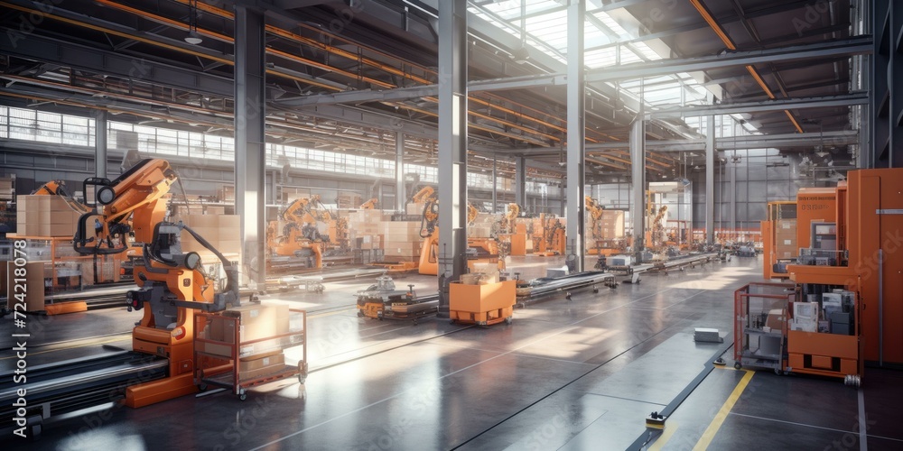 Poster a state-of-the-art logistics center with automated machinery and robots efficiently moving goods thr