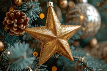 Obraz na płótnie Canvas Graceful stars like decorations on a Christmas tree create a magical atmosphere