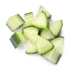 Pile of fresh cut cucumber isolated on white, top view