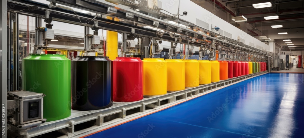 Poster a line of colorful cylinders in a factory. generative ai.